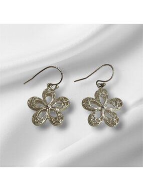 Vintage Sterling Silver Filigree Flower Dangle Earrings Drop Elegant Design